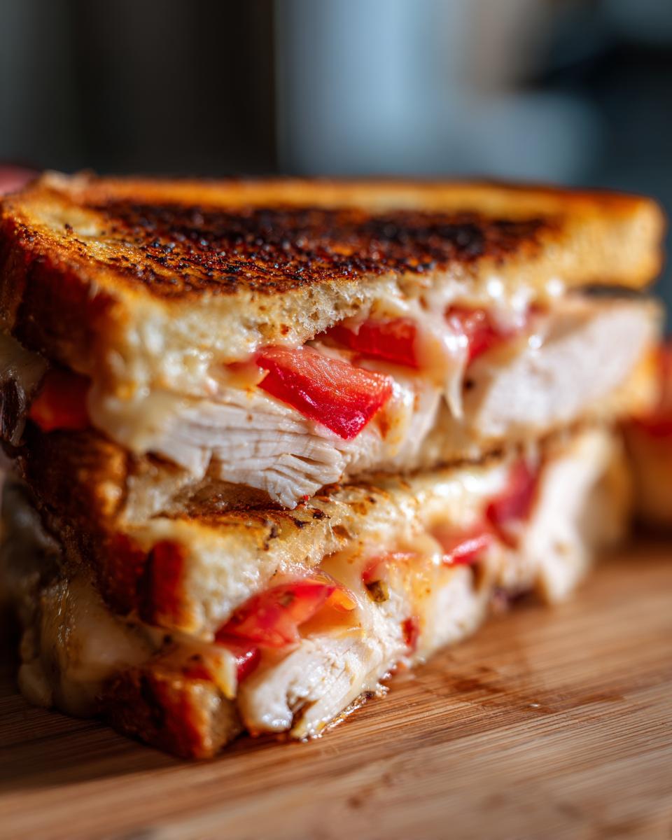 Close-up of a halved Everything Chicken Tomato Grilled Cheese sandwich stacked on a wooden board.