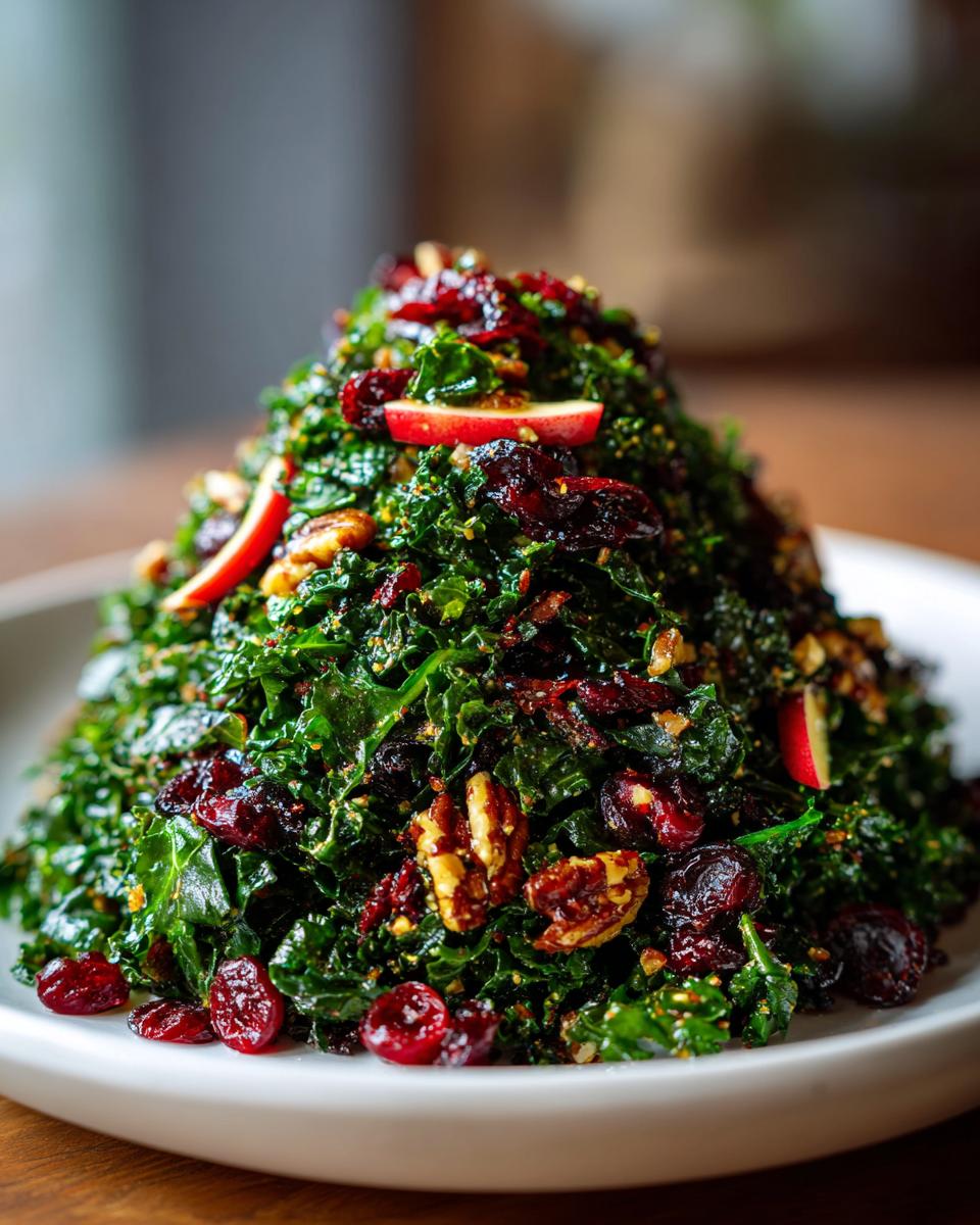 A vibrant mound of Fall Harvest Apple Kale Salad topped with dried cranberries, pecans, and thin apple slices.