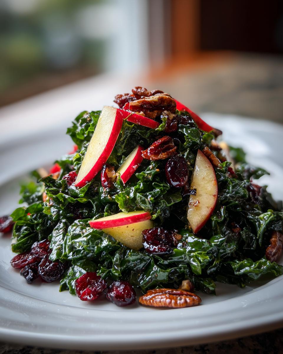 Close-up of vibrant Fall Harvest Apple Kale Salad featuring dark green kale, red apple slices, pecans, and dried cranberries.