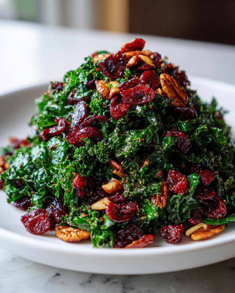 Close-up of a mound of Fall Harvest Apple Kale Salad topped with dried cranberries and pecans.