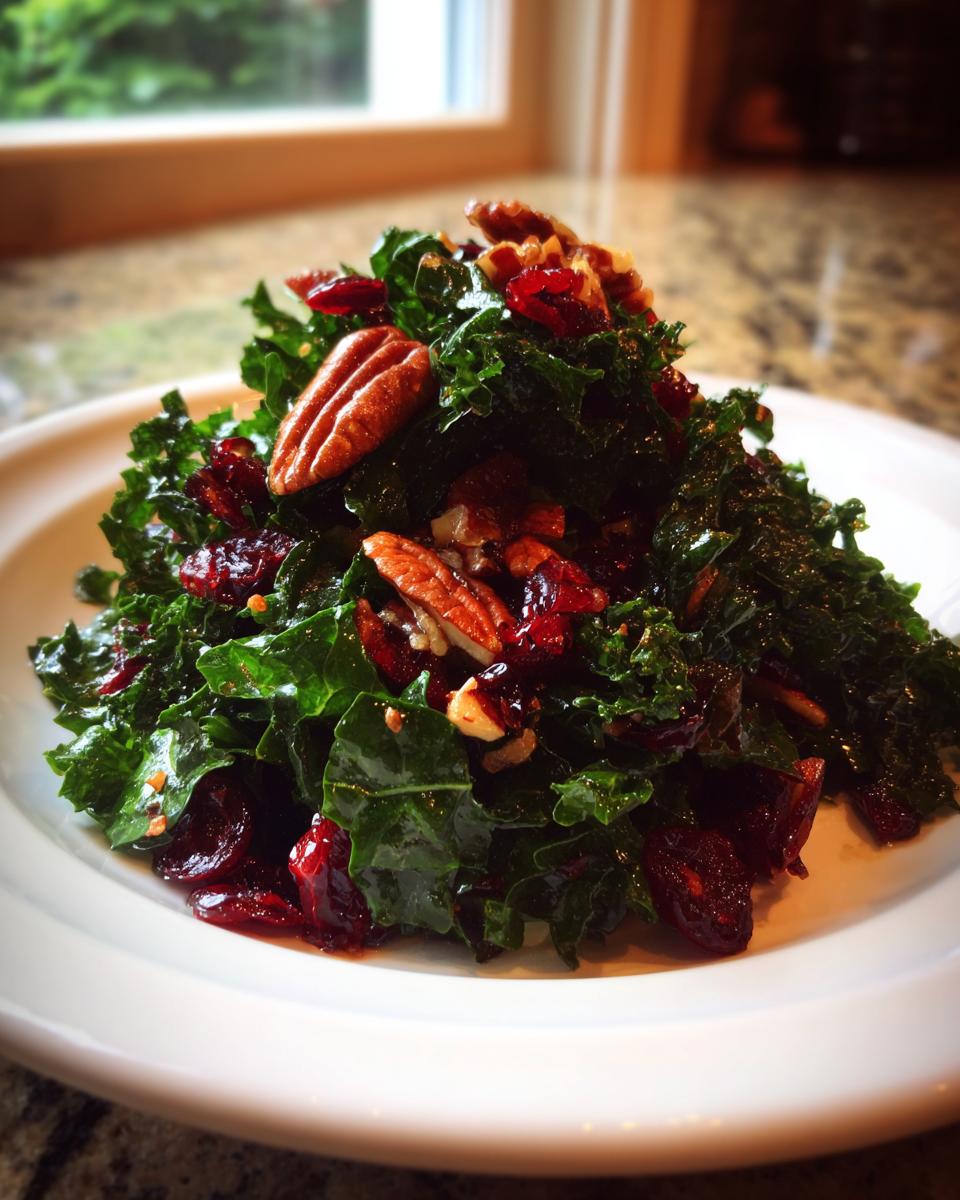 A mound of vibrant Fall Harvest Apple Kale Salad topped with pecans and dried cranberries on a white plate.