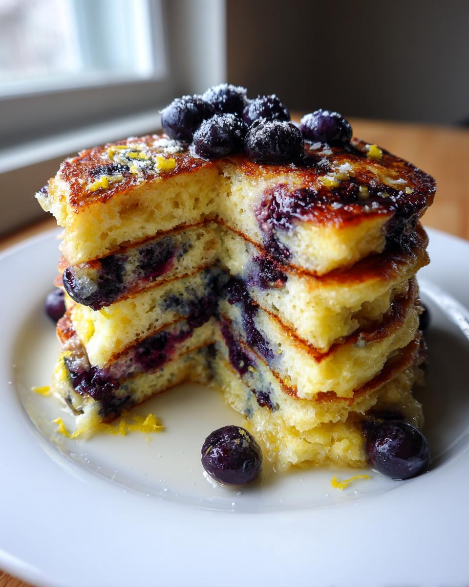 Cross-section view of a tall stack of fluffy Lemon Blueberry Pancakes, topped with fresh blueberries and zest.