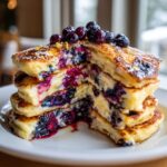 A tall stack of fluffy Lemon Blueberry Pancakes cut in half, showing juicy berries inside and topped with fresh blueberries.