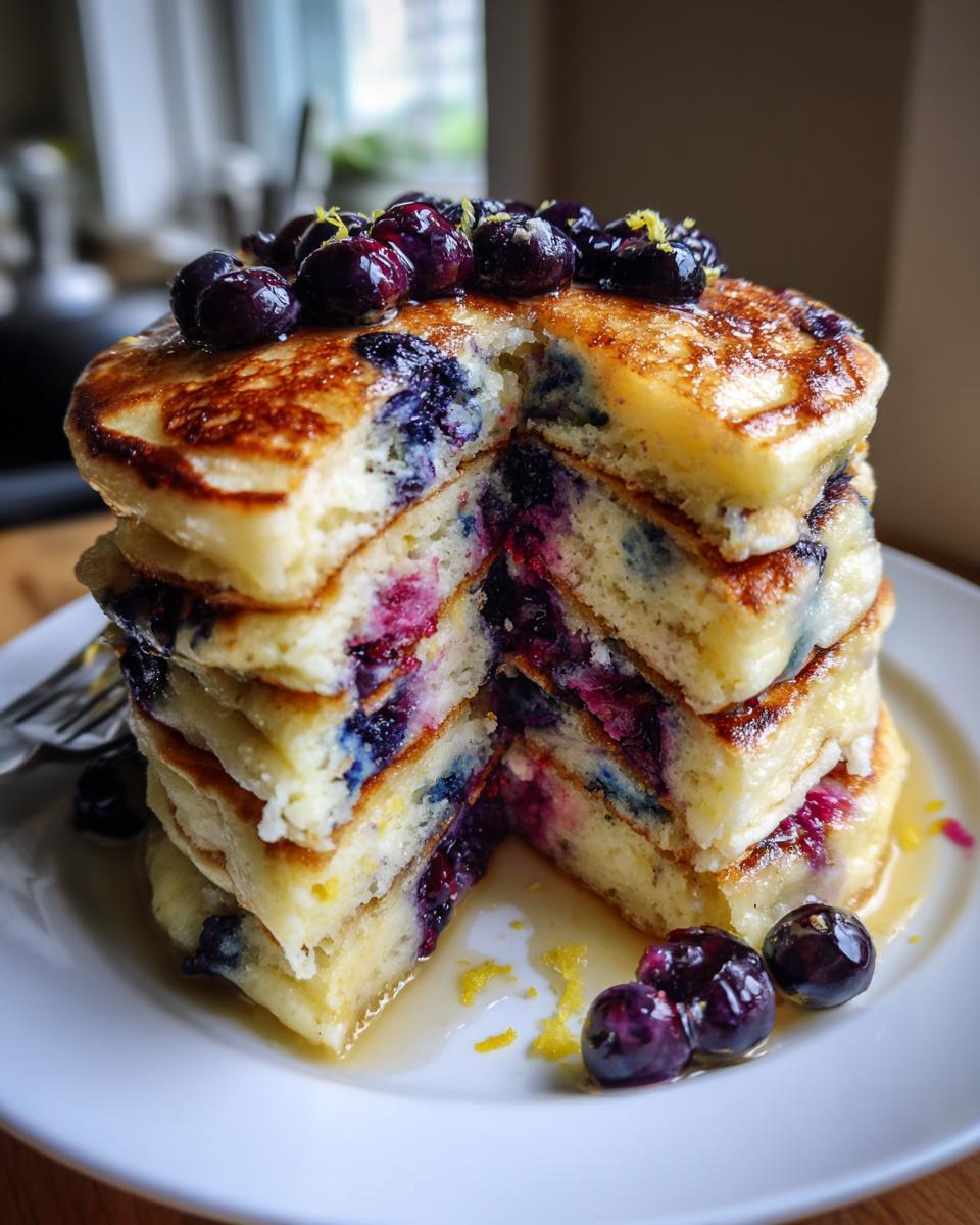 A tall stack of fluffy Lemon Blueberry Pancakes cut open to show the juicy berries inside, topped with fresh blueberries.