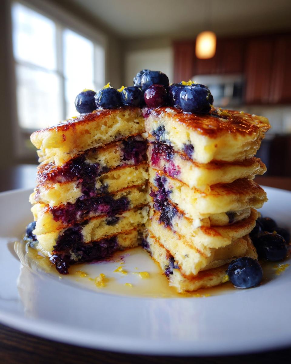 A tall stack of fluffy Lemon Blueberry Pancakes cut in half, showing layers packed with blueberries and drizzled with syrup.