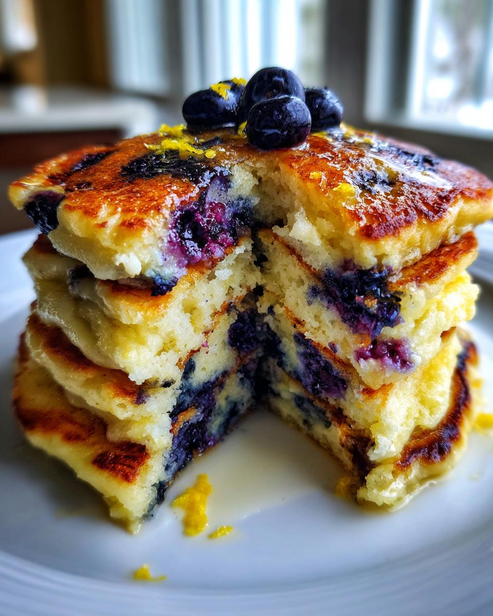 Close-up of a fluffy stack of Lemon Blueberry Pancakes cut open to show the interior texture and berries.