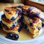 A tall stack of fluffy Vegan Blueberry Pancakes cut open to show the juicy blueberries inside, drizzled with syrup.