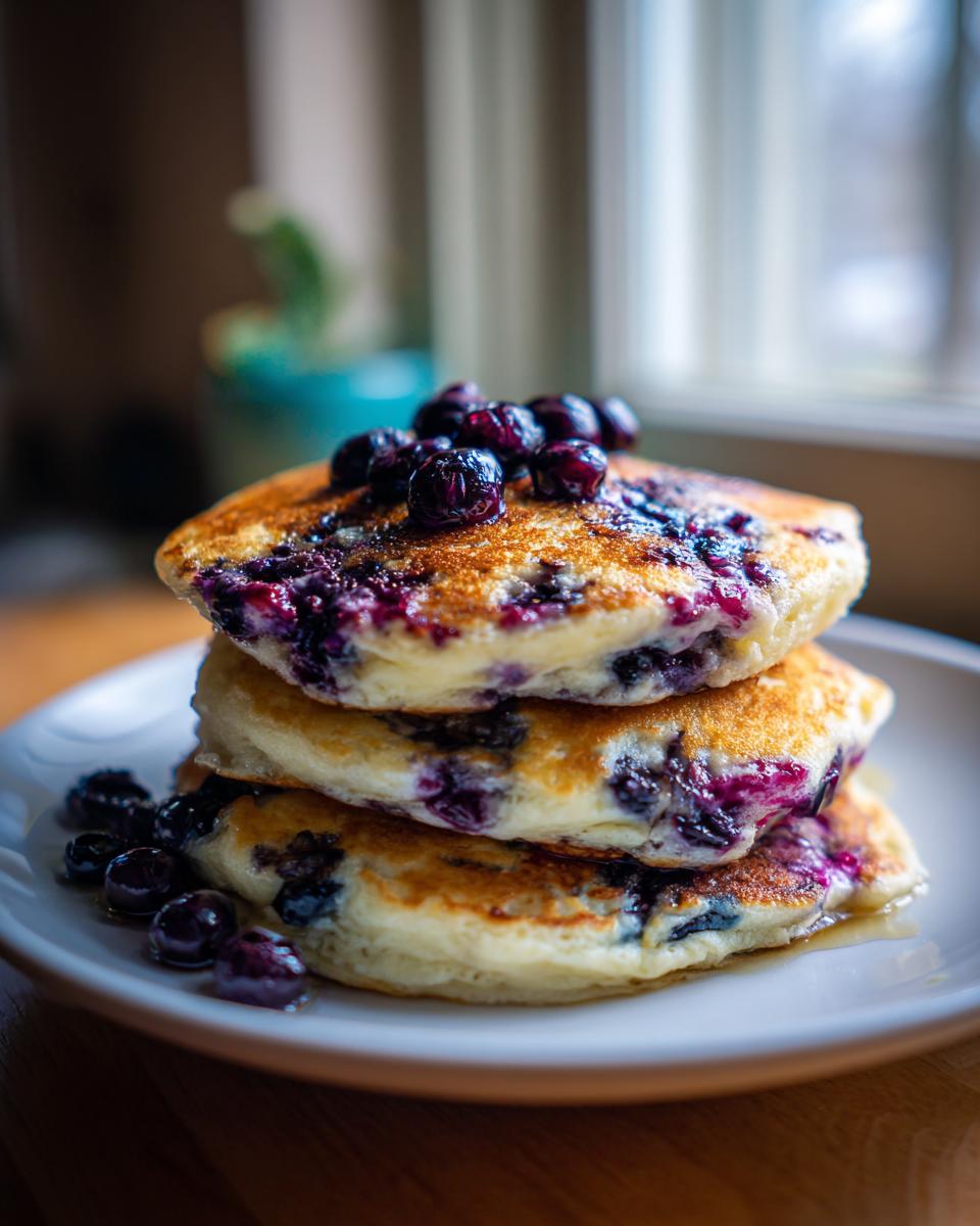A tall stack of three fluffy Vegan Blueberry Pancakes topped with fresh blueberries and syrup.