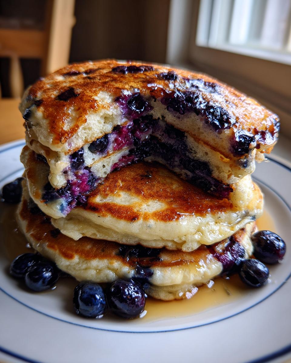 A close-up stack of fluffy Vegan Blueberry Pancakes, cut open to show juicy blueberries inside, drizzled with syrup.