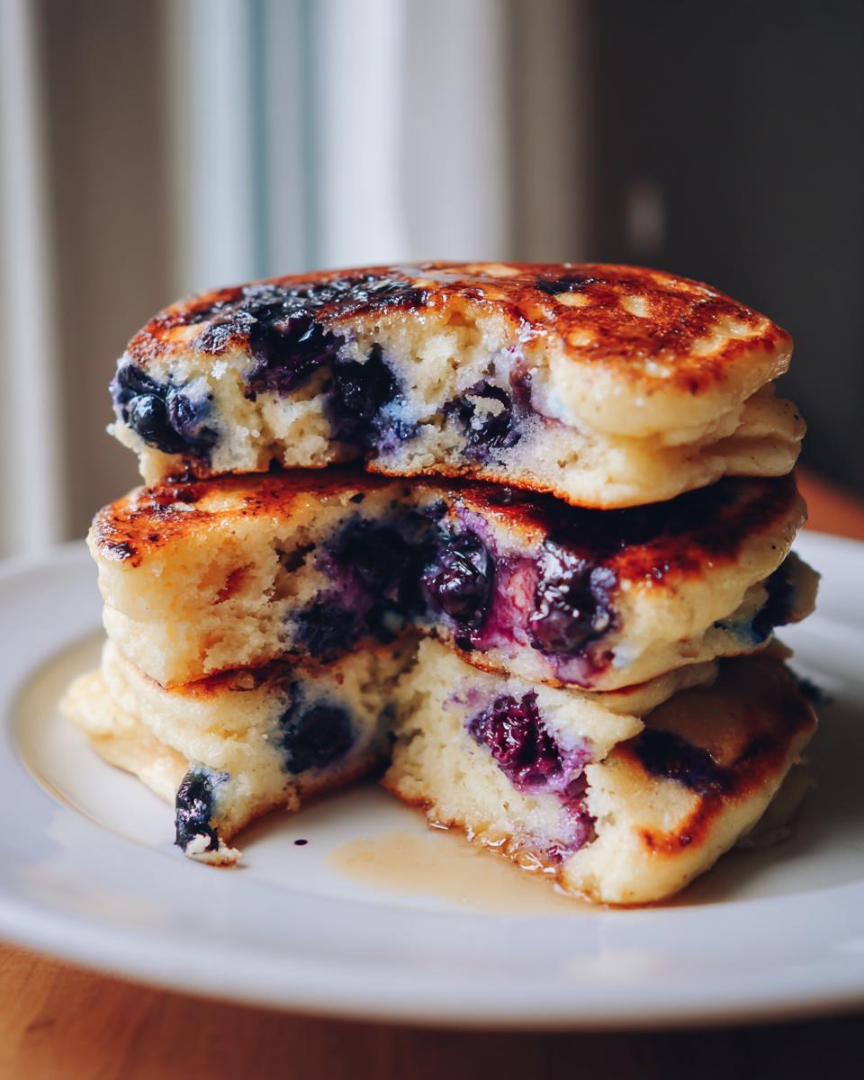 Close-up of a stack of fluffy Vegan Blueberry Pancakes, cut in half to show juicy blueberries inside.