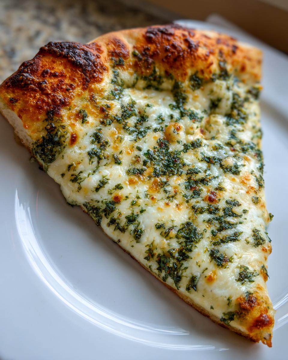 Close-up of a single slice of Garlic Herb Cheese Pizza topped with melted white cheese and green herbs.
