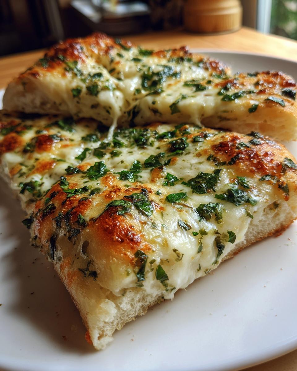 Two slices of Garlic Herb Cheese Pizza showing melted mozzarella and fresh green herbs on a thick crust.