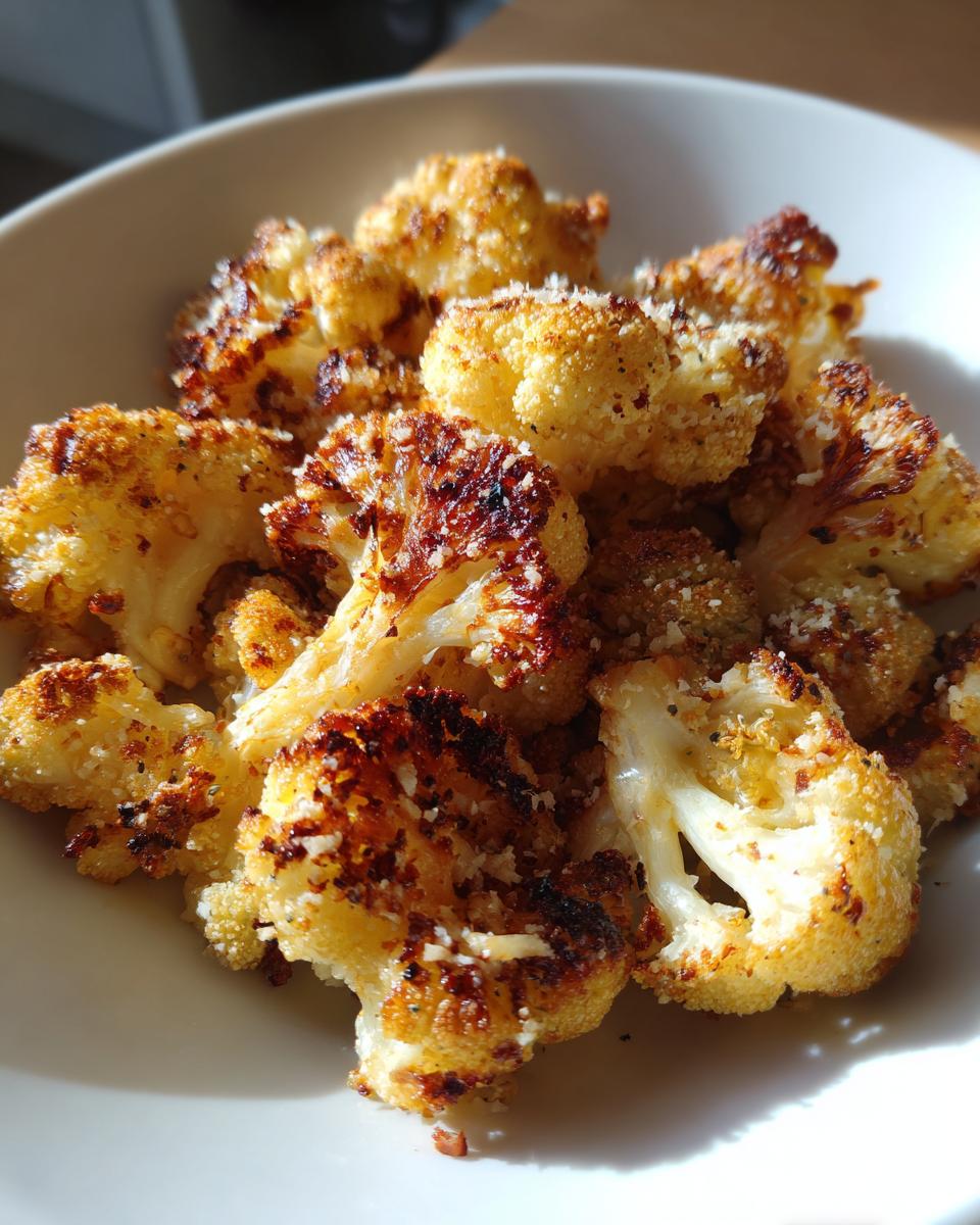 Close-up of crispy, golden Garlic Parmesan Roasted Cauliflower florets sprinkled with cheese in a white bowl.