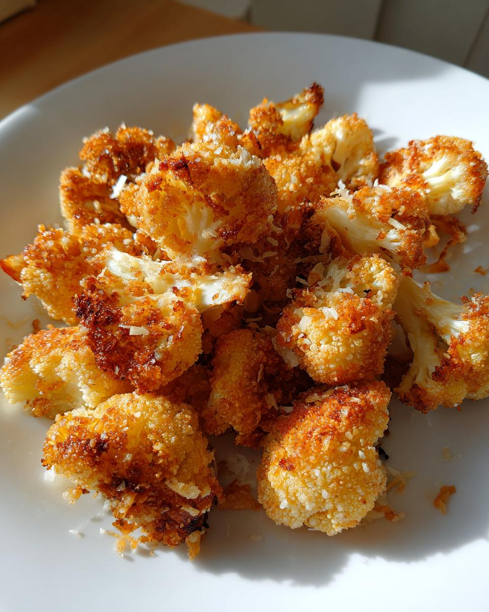 Close-up of crispy, golden-brown Garlic Parmesan Roasted Cauliflower florets piled on a white plate.