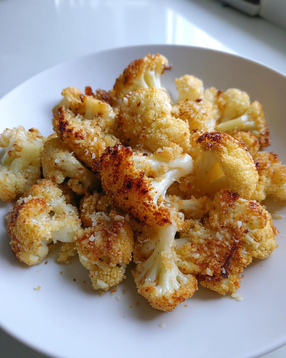 A white bowl filled with perfectly crispy, golden-brown Garlic Parmesan Roasted Cauliflower florets.