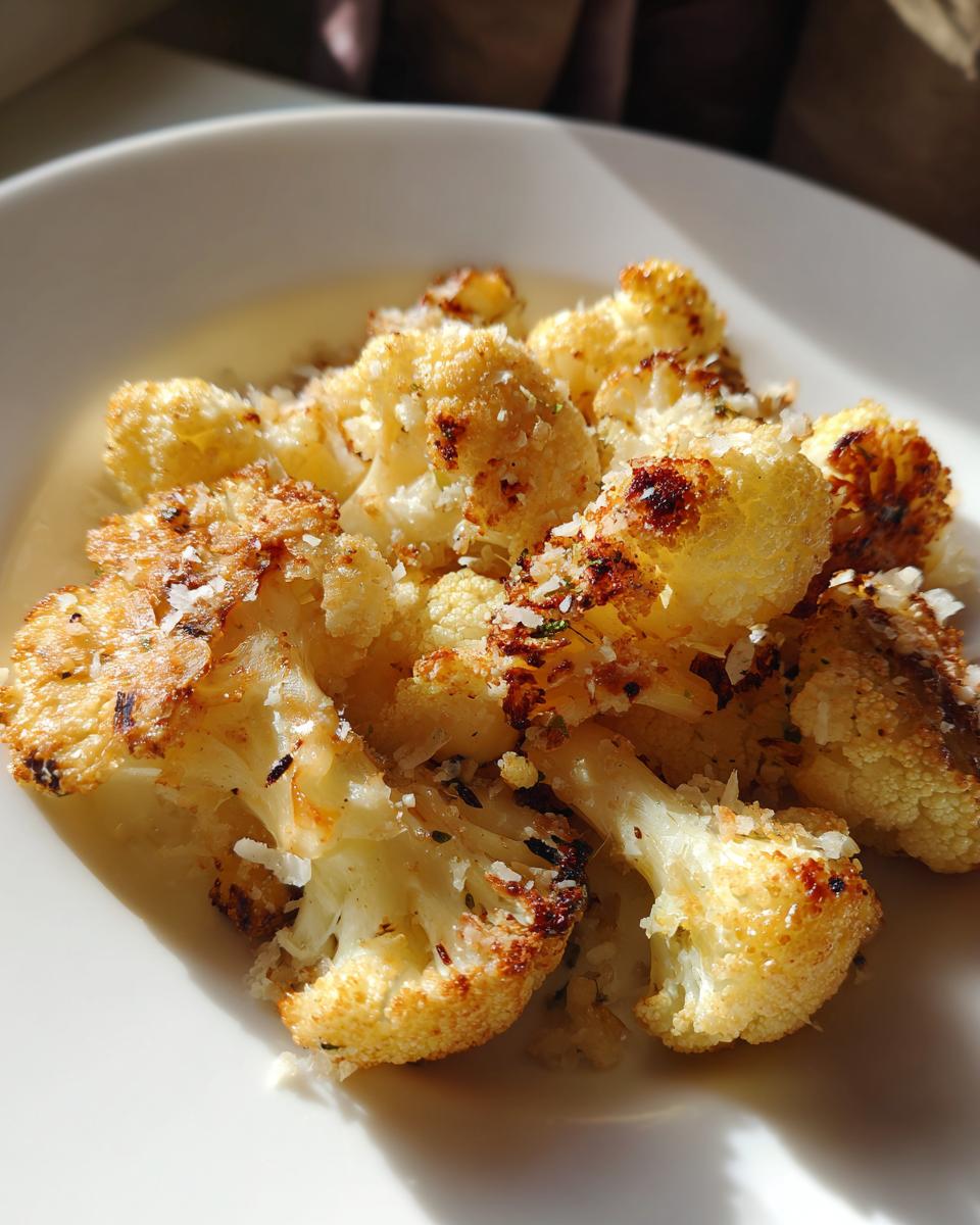 Close-up of perfectly roasted Garlic Parmesan Roasted Cauliflower florets, browned and topped with grated cheese.