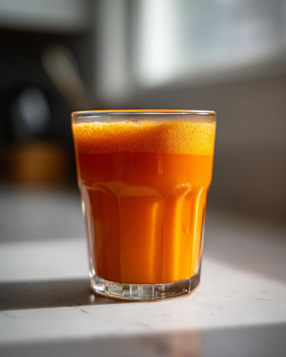 A vibrant glass filled with fresh Carrot Ginger Citrus Turmeric Juice, showing a layer of foam on top.