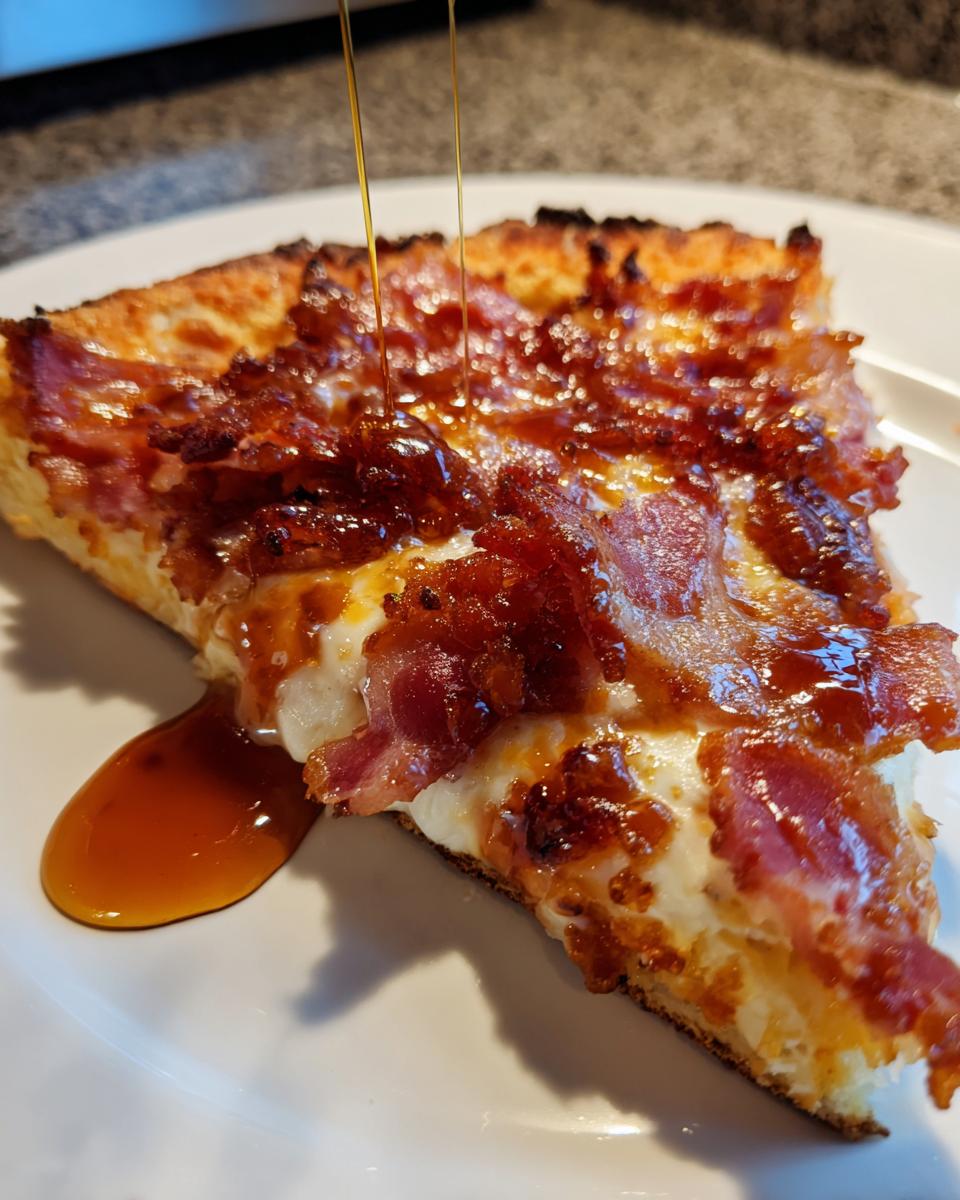 Close-up of a slice of Gluten Free Hot Honey Bacon Pizza being drizzled with hot honey.