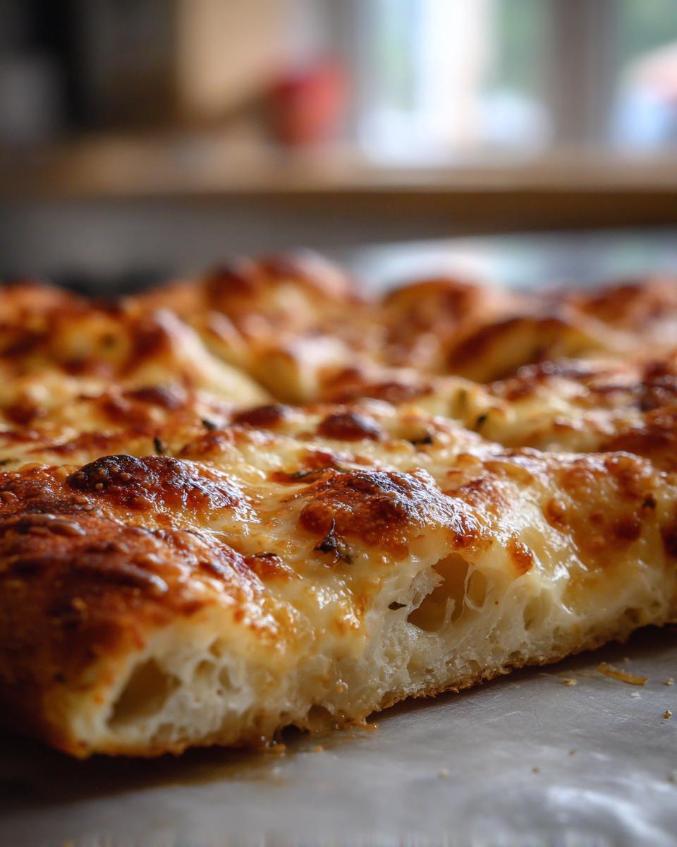 A close-up cross-section of Grandmas Cheese Sheet Pan Pizza showing a thick, airy crust and bubbly, browned cheese topping.