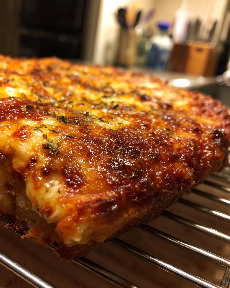 Extreme close-up of the crispy, cheesy edge of Grandmas Cheese Sheet Pan Pizza cooling on a wire rack.