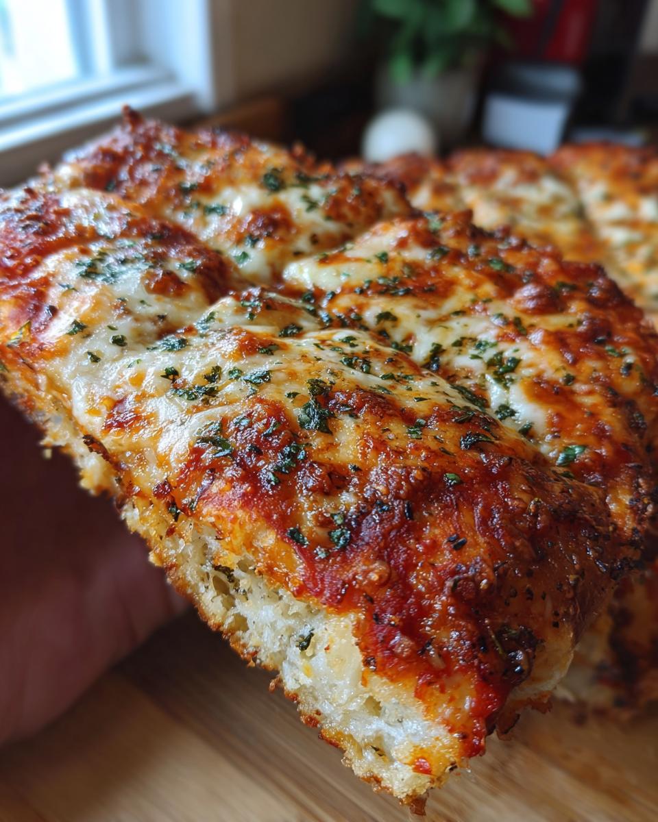Close-up of a thick slice of Grandmas Cheese Sheet Pan Pizza showing bubbly, browned cheese and thick crust.