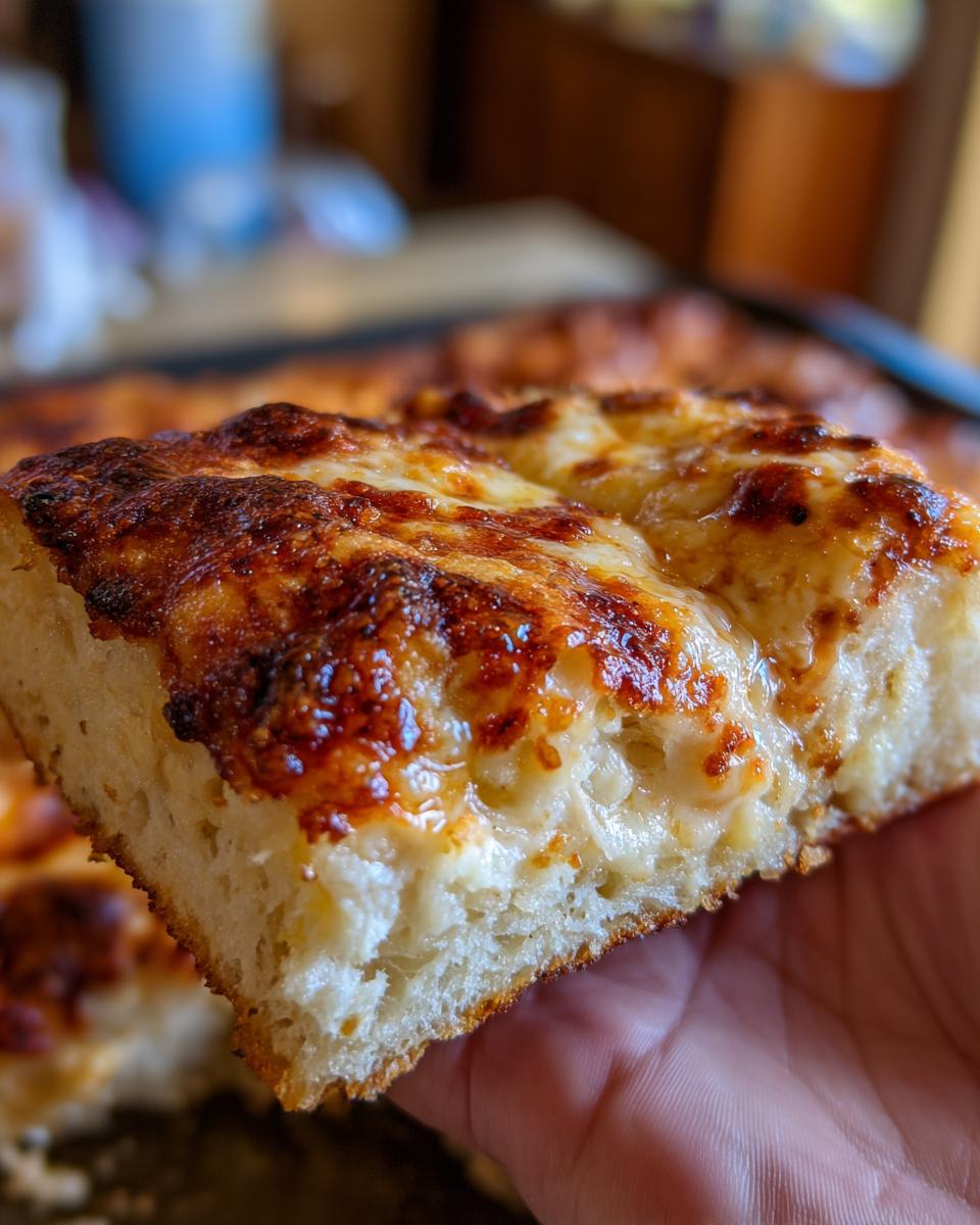 Close-up of a thick, fluffy slice of Grandmas Cheese Sheet Pan Pizza being held up, showing browned cheese.