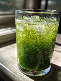 A tall glass filled with a vibrant, bubbly Green Goddess Mocktail and ice cubes, sitting on a sunlit countertop.