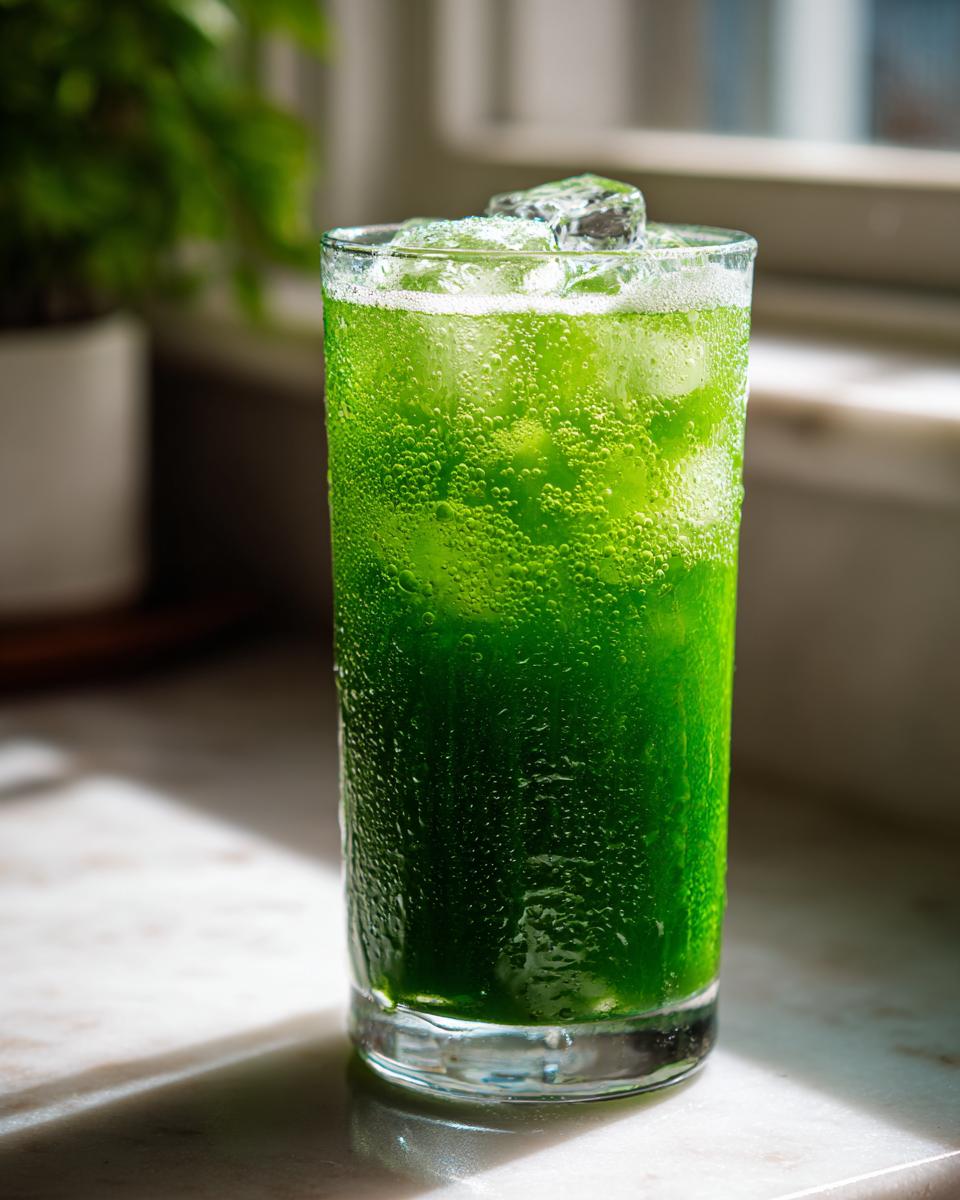 A tall glass filled with a vibrant, bubbly Green Goddess Mocktail over ice, showing condensation on the exterior.