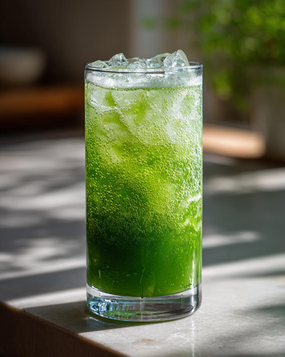 A tall glass filled with a vibrant, bubbly Green Goddess Mocktail over crushed ice, sitting in sunlight.