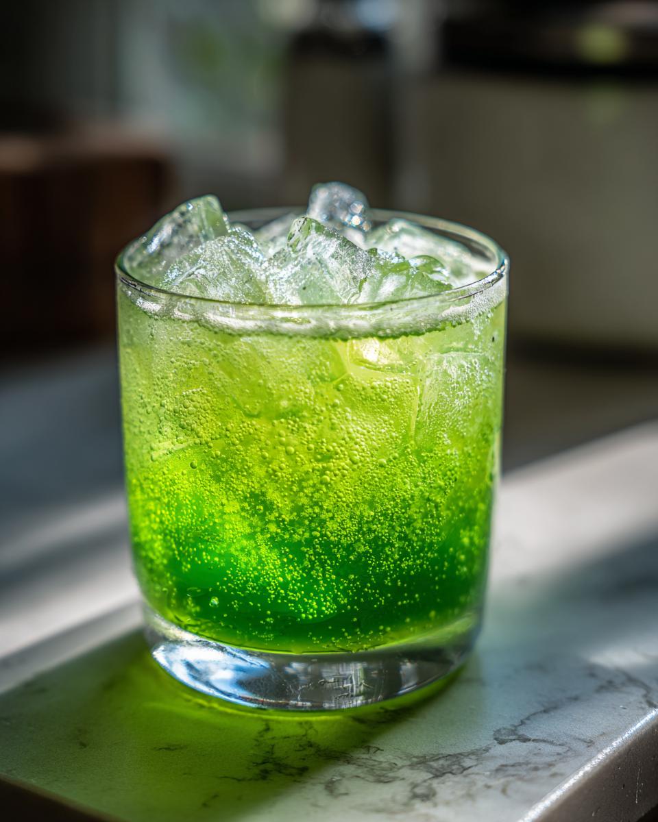 Close-up of a bright green, fizzy Green Goddess Mocktail filled with crushed ice in a short glass.