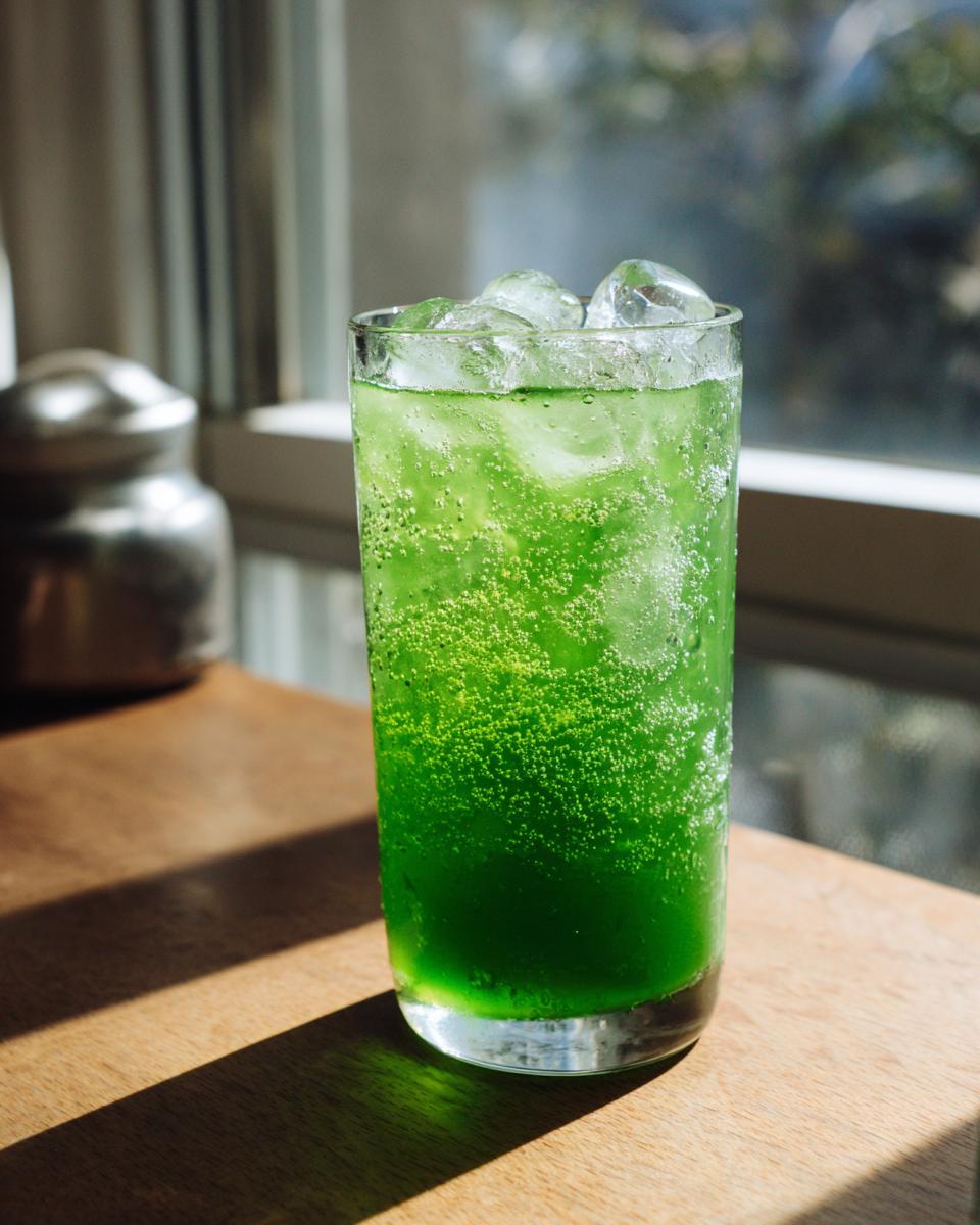 A tall glass filled with a vibrant Green Goddess Mocktail, sparkling with bubbles and topped with ice cubes.