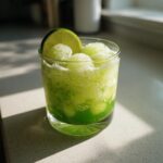 A bright green, bubbly Halloween Witches Brew Mocktail topped with shaved ice and a lime slice.