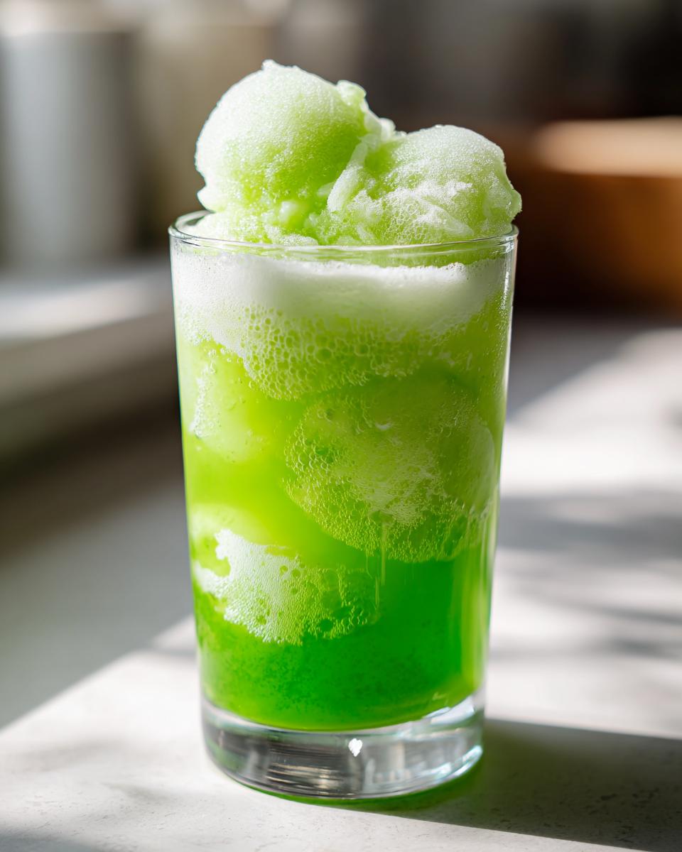 Close-up of a vibrant green Halloween Witches Brew Mocktail topped with scoops of bright green sherbet or sorbet.