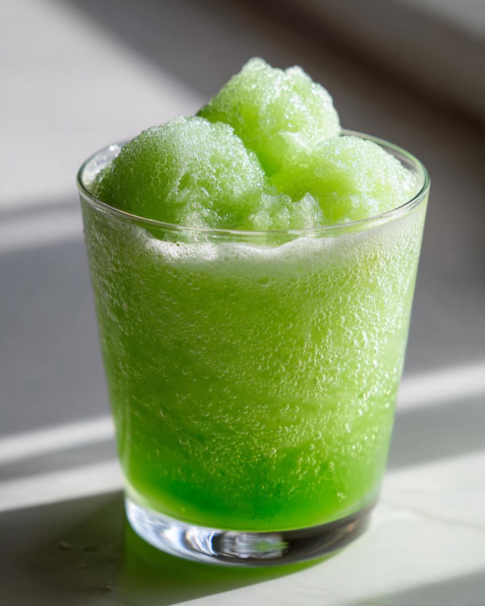 Close-up of a bright green, icy slush topping a glass, perfect for a Halloween Witches Brew Mocktail.