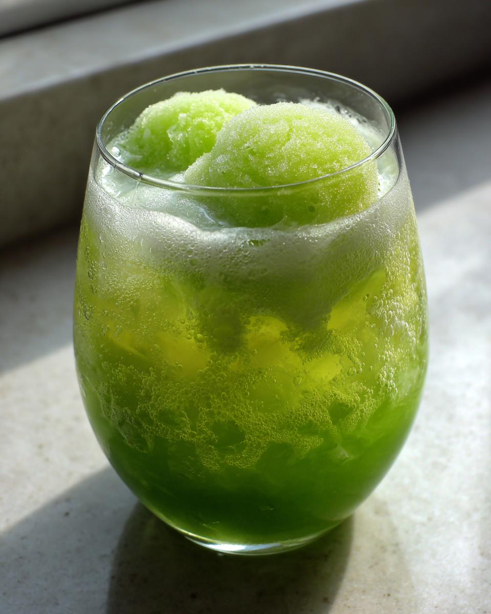 Close-up of a vibrant green Halloween Witches Brew Mocktail topped with scoops of bright green sherbet or sorbet.