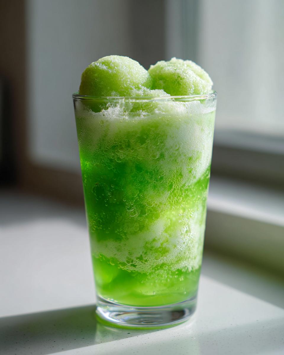 Close-up of a vibrant green Halloween Witches Brew Mocktail topped with scoops of bright green sherbet or sorbet.