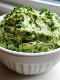 A close-up of thick, vibrant green Healthy Green Goddess Salad Dip topped with fresh parsley in a small white bowl.