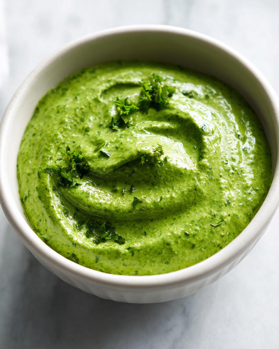 Close-up of a thick, vibrant green Healthy Green Goddess Salad Dip garnished with fresh parsley in a white bowl.