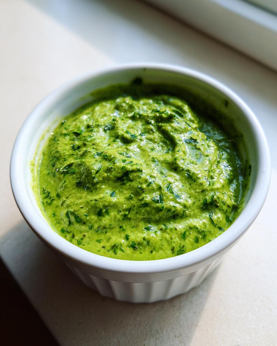 Close-up of a thick, bright green Healthy Green Goddess Salad Dip served in a small white ramekin.