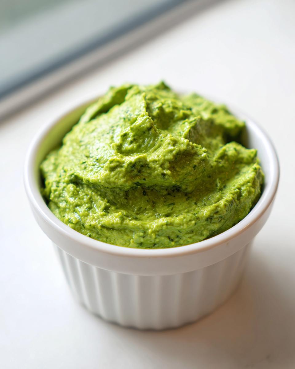 A close-up of thick, vibrant green Healthy Green Goddess Salad Dip in a small white ramekin.