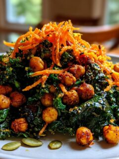 A vibrant mound of Healthy Loaded Kale Salad With Spicy Chickpeas, topped with shredded carrots and pumpkin seeds.