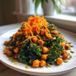 A mound of Healthy Loaded Kale Salad With Spicy Chickpeas topped with shredded carrots and pumpkin seeds on a white plate.