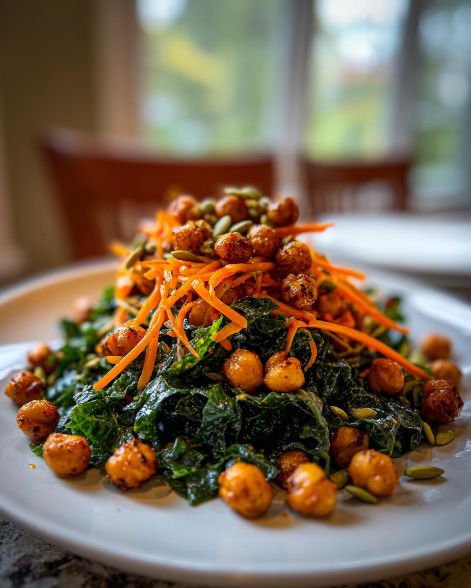 A vibrant mound of Healthy Loaded Kale Salad topped with shredded carrots, spicy chickpeas, and pumpkin seeds on a white plate.