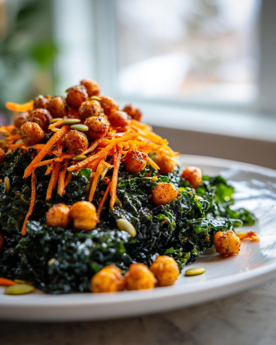 A mound of dark green kale topped with spicy chickpeas, shredded carrots, and pumpkin seeds in a Healthy Loaded Kale Salad.