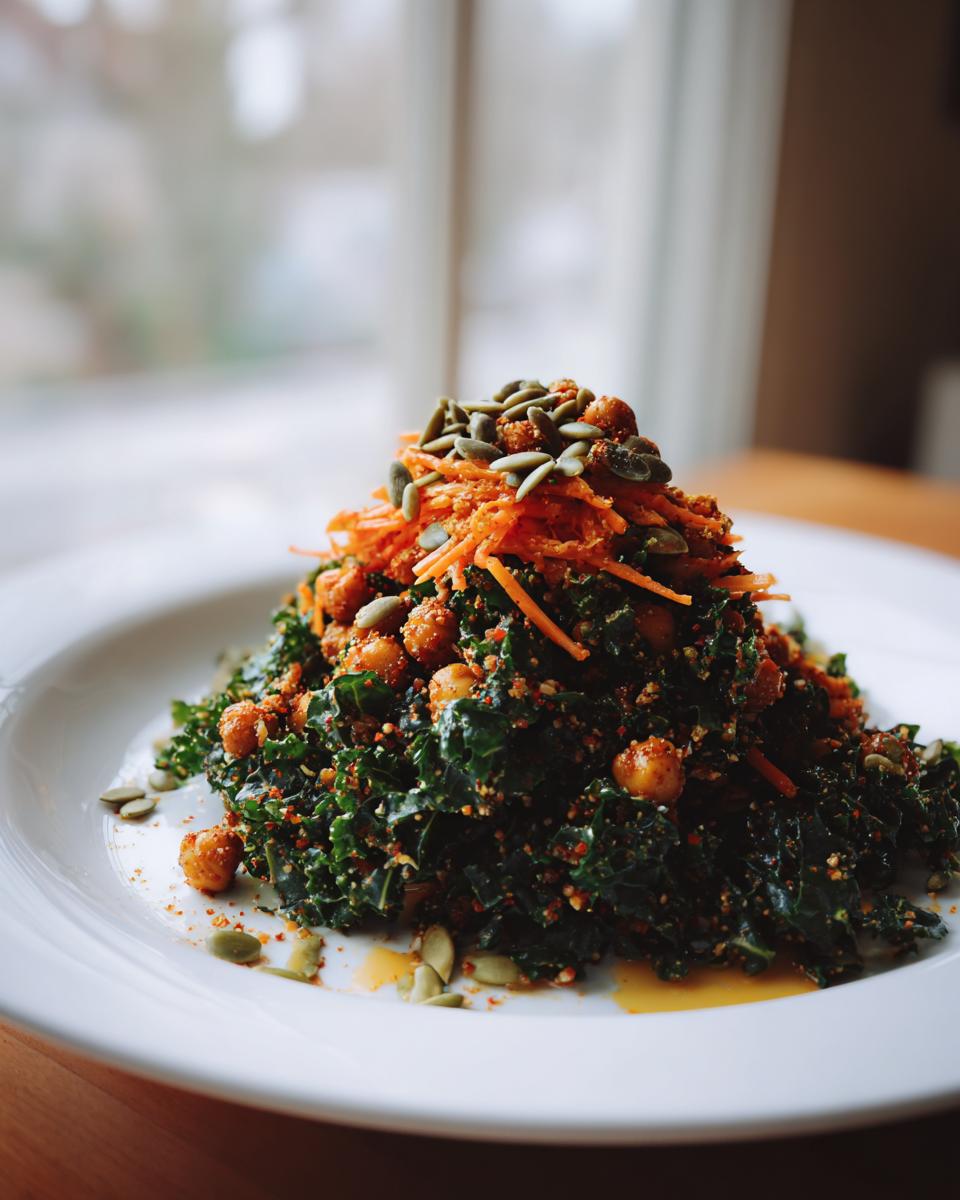 A mound of Healthy Loaded Kale Salad topped with shredded carrots, spicy chickpeas, and pumpkin seeds on a white plate.