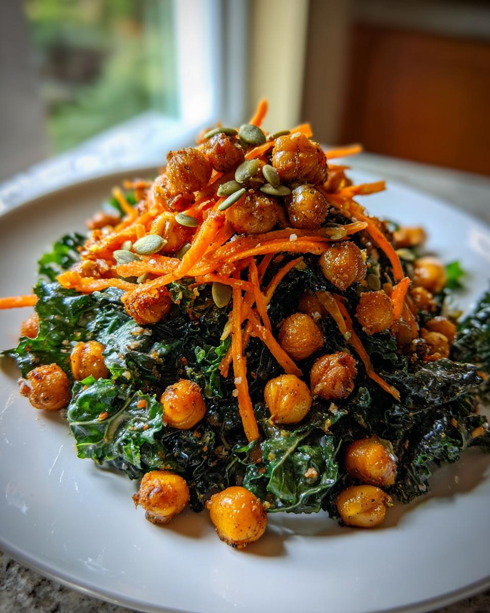 A mound of Healthy Loaded Kale Salad With Spicy Chickpeas topped with shredded carrots and pumpkin seeds.