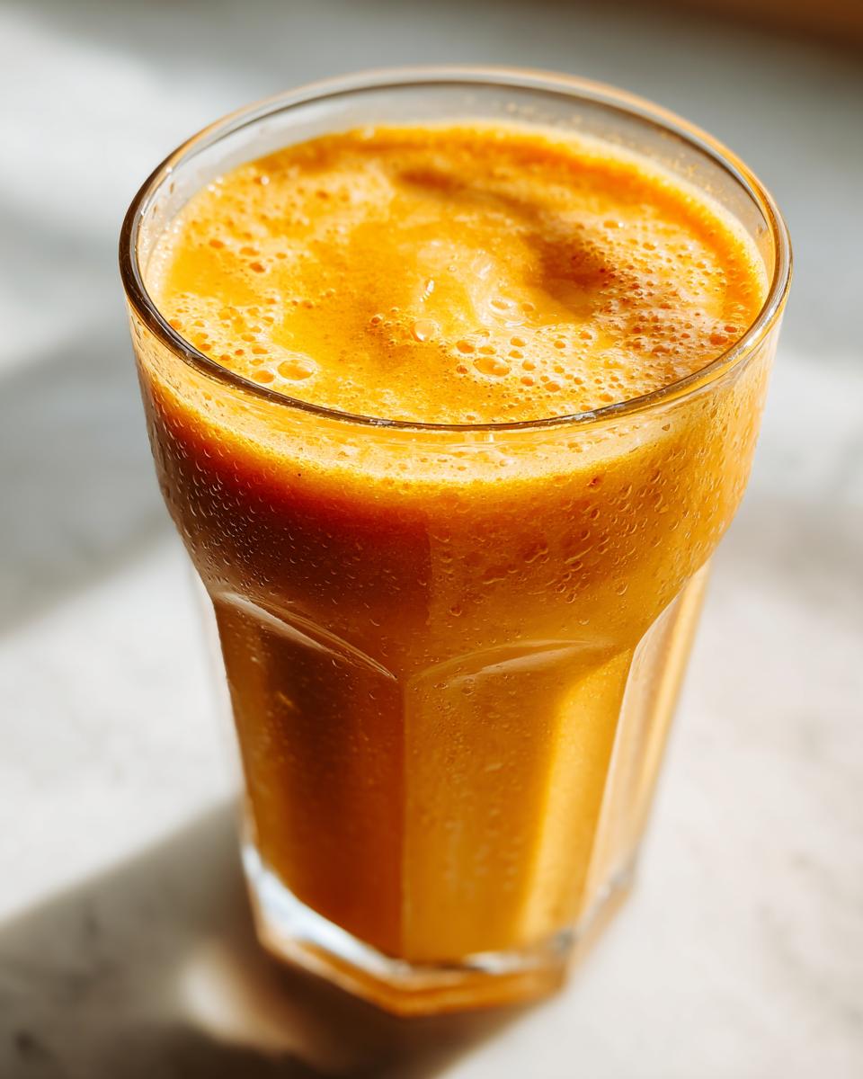 Close-up of a tall glass filled with a vibrant orange Healthy Pineapple Strawberry Turmeric Smoothie.