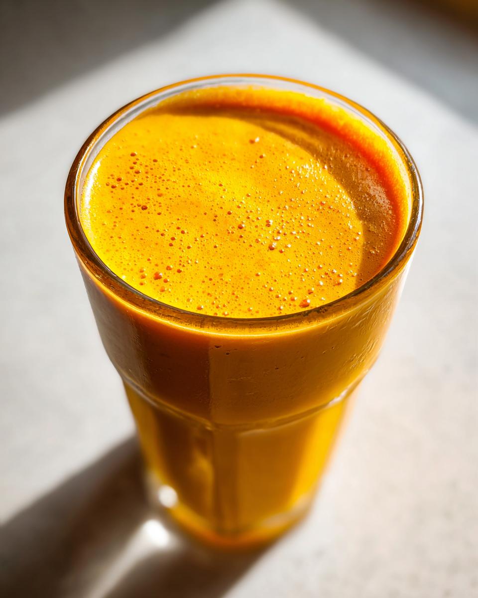 Overhead close-up of a vibrant orange Healthy Pineapple Strawberry Turmeric Smoothie in a clear glass.