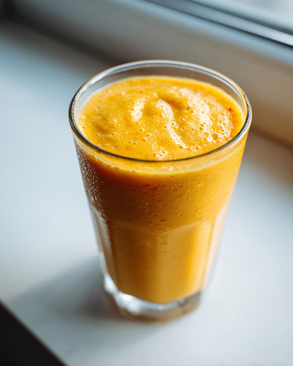 Close-up of a tall glass filled with a thick, bright orange Healthy Pineapple Strawberry Turmeric Smoothie.