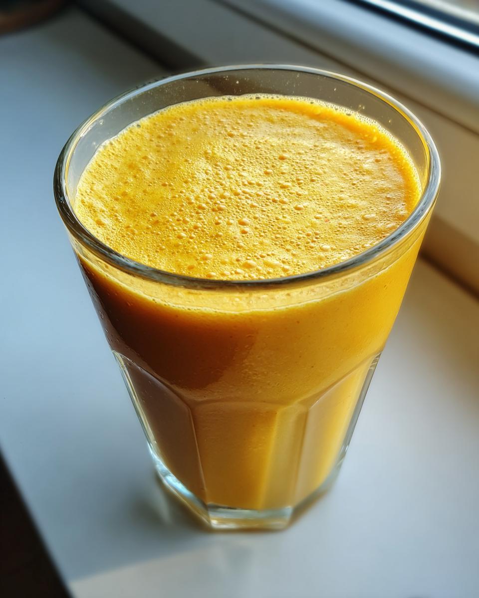 Close-up of a tall glass filled with a bright orange Healthy Pineapple Strawberry Turmeric Smoothie.